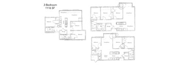 A floor plan of a 3 bedroom apartment with 1116 square feet.
