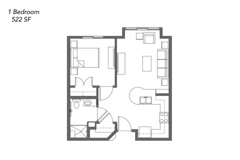A floor plan of a 1 bedroom apartment sized 522 square feet.