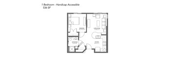A floor plan of a handicap accessible apartment with one bedroom.