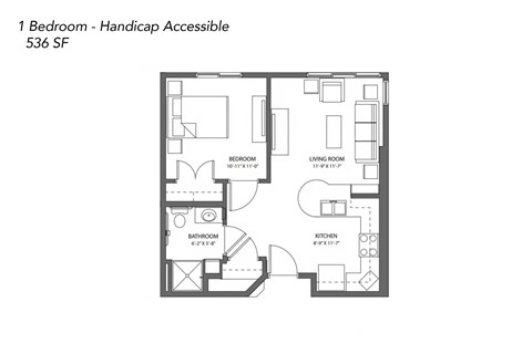 A floor plan of a handicap accessible apartment with one bedroom.