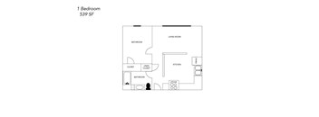 A floor plan of a 1 Bedroom apartment with 539 SF.
