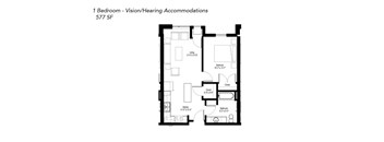 A floor plan of a 1 Bedroom - Vision/Hearing Accommodations at 577 SF.