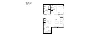 A floor plan of a 1 Bedroom, 588 SF apartment.