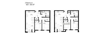 A floor plan of a 2 bedroom apartment with a living room, kitchen, and bathroom.
