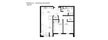 A floor plan of a 2 bedroom handicap accessible apartment.