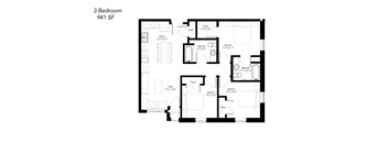 A black and white image of a 3 Bedroom 941 SF house plan.