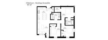 A black and white image of a 3 bedroom handicap accessible floor plan.