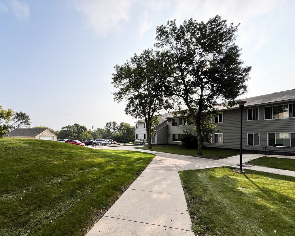 A walkway leads to a building with a tree on the right.