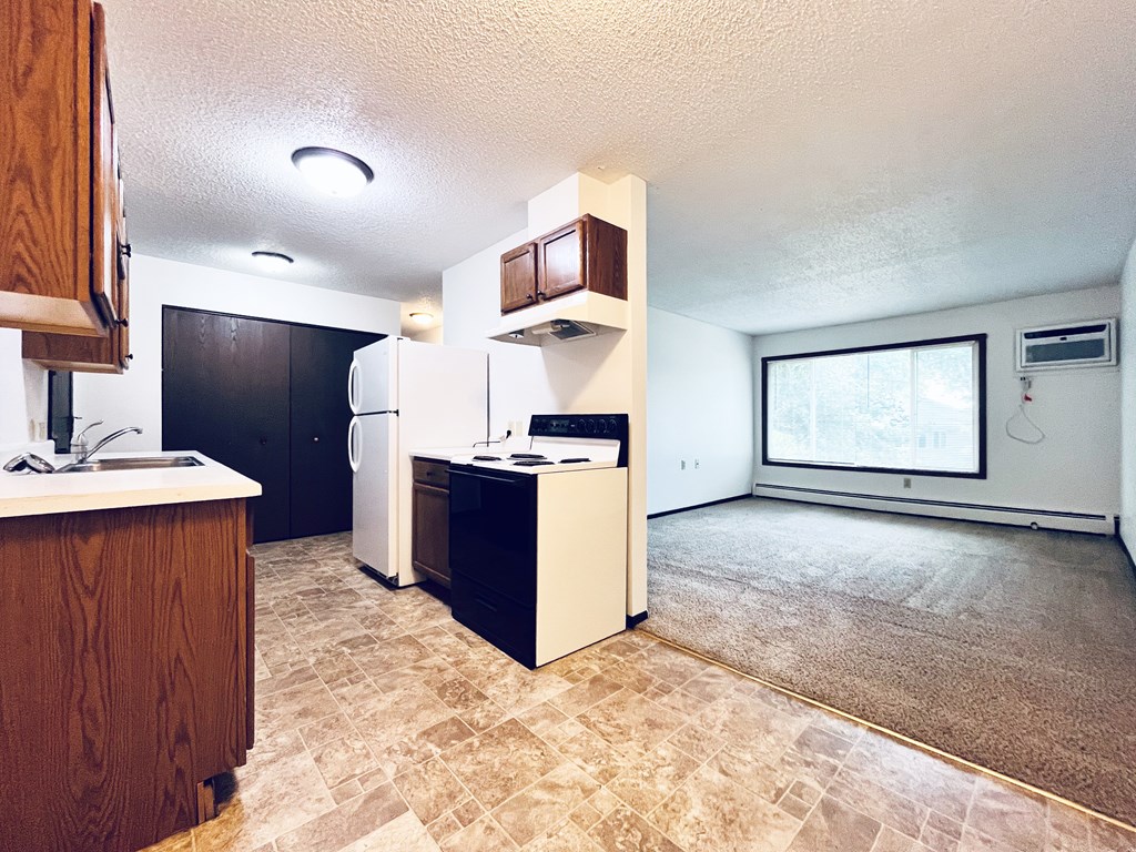 A kitchen with a refrigerator, oven, and microwave.