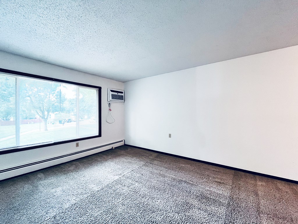 A room with a window and a carpeted floor.