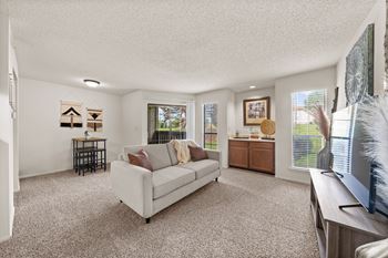 A living room with a couch, a television, and a window. at Coventry Oaks Apartments, Overland Park, Kansas