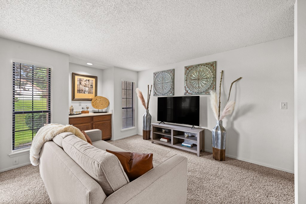 A living room with a couch, a television, and a vase. at Coventry Oaks Apartments, Overland Park 66214