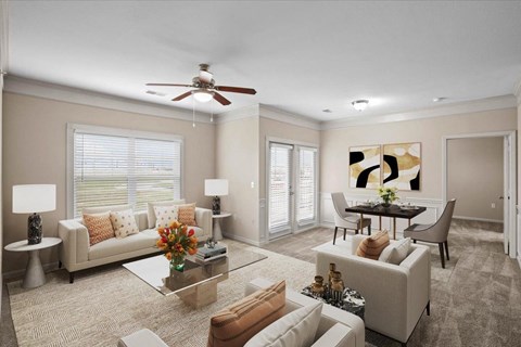 A licving room with a ceiling fan, lots of windows for natural lighting, crown molding and a dining area.