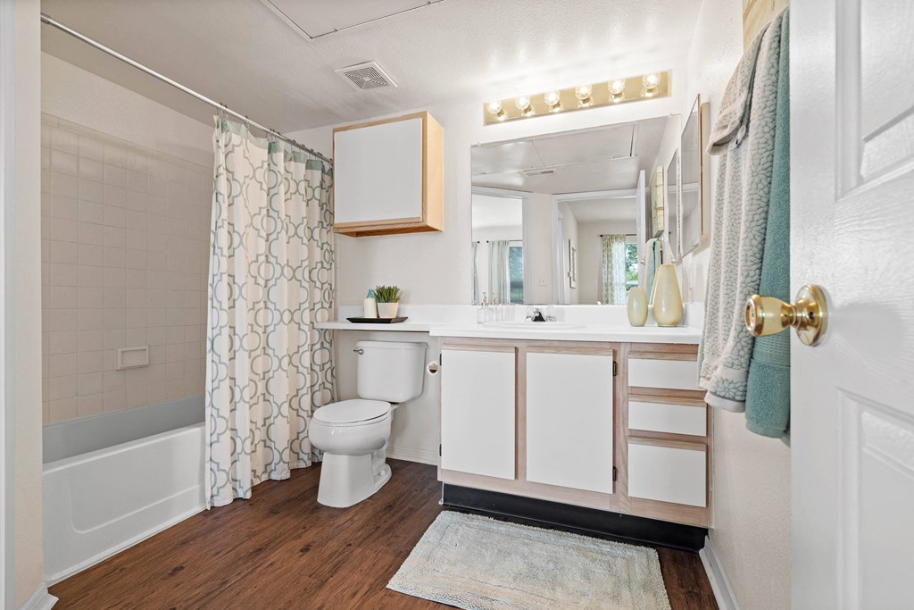 a bathroom with a toilet sink and bathtub in a 555 waverly unitat Stonebriar Woods Apartments, Overland Park, KS