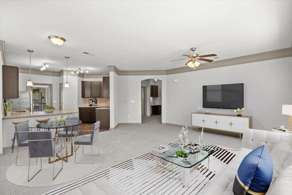 a living room with a couch and a table