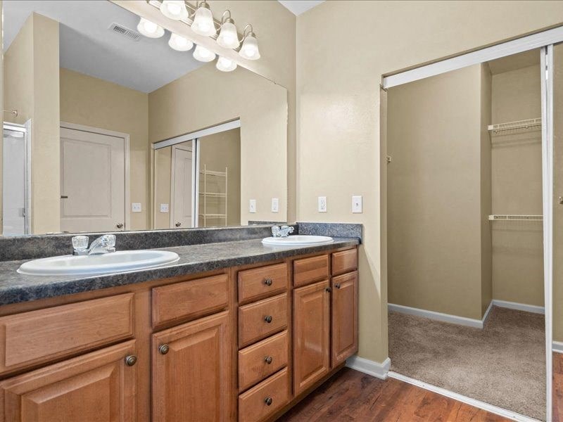 a bathroom with two sinks and a mirror