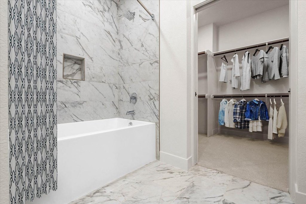 a bathroom with a shower and a tub and a closet