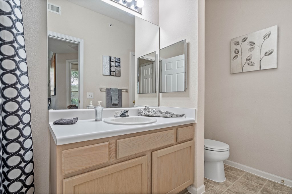 a bathroom with a toilet sink and mirror
