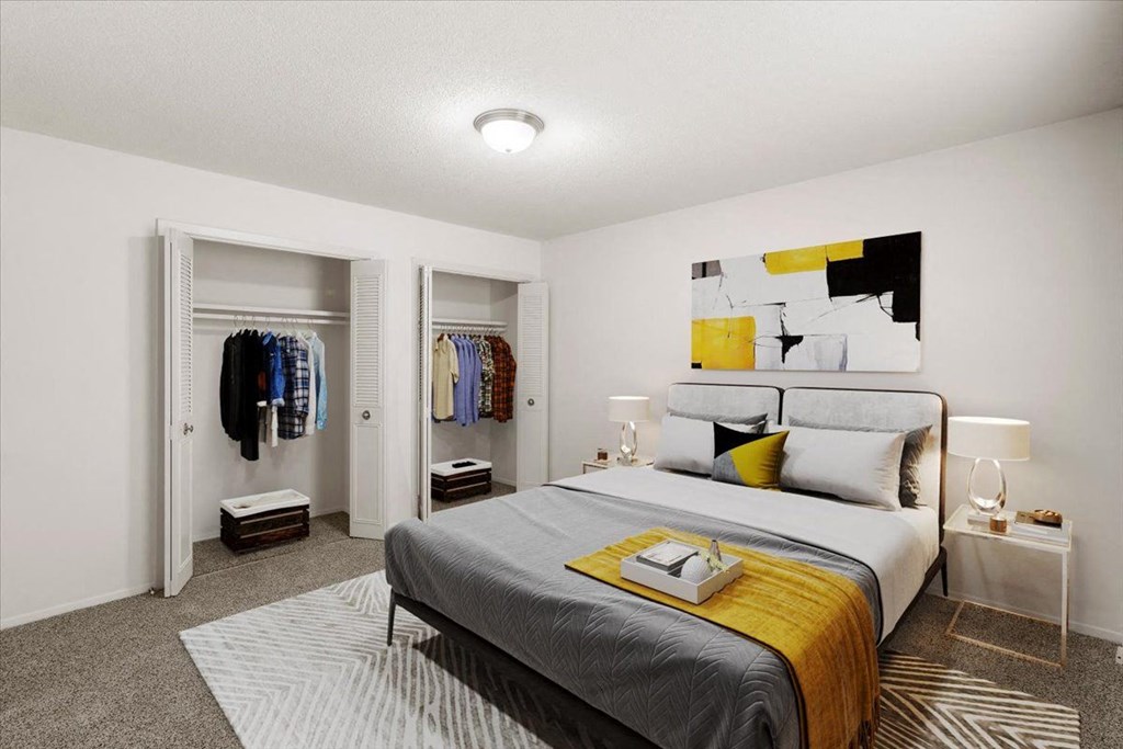 a bedroom with a bed and a closet