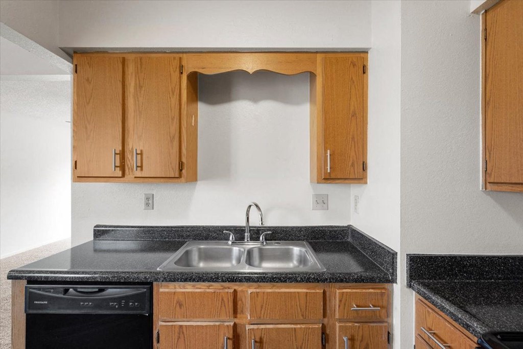 a kitchen with a sink and counters and wooden cabinets