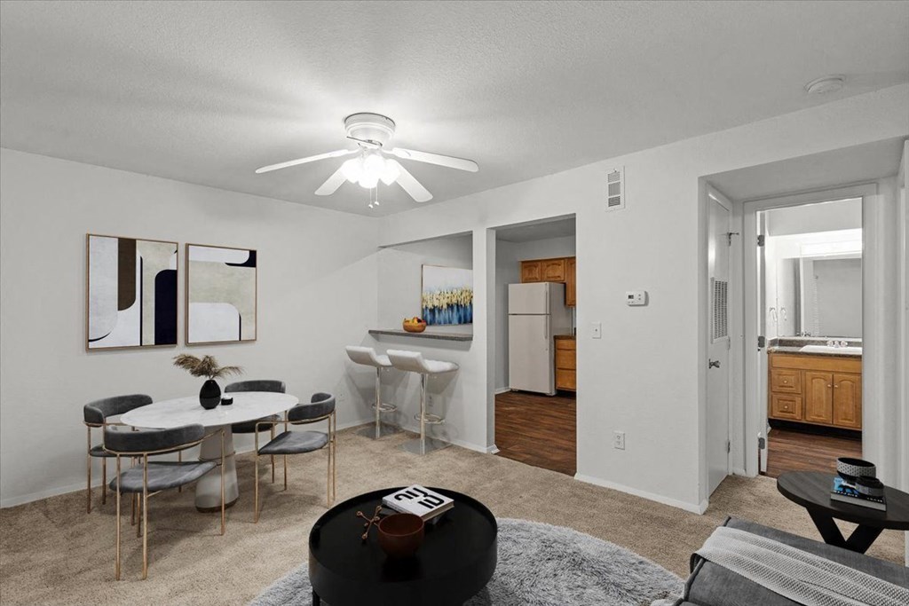 our apartments offer a living room and dining room with a kitchen