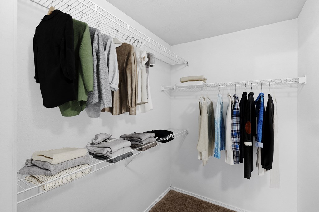 a walk in closet with white shelves and a white rod with clothes hanging on it
