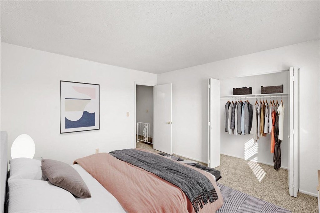 a bedroom with a bed and a closet
