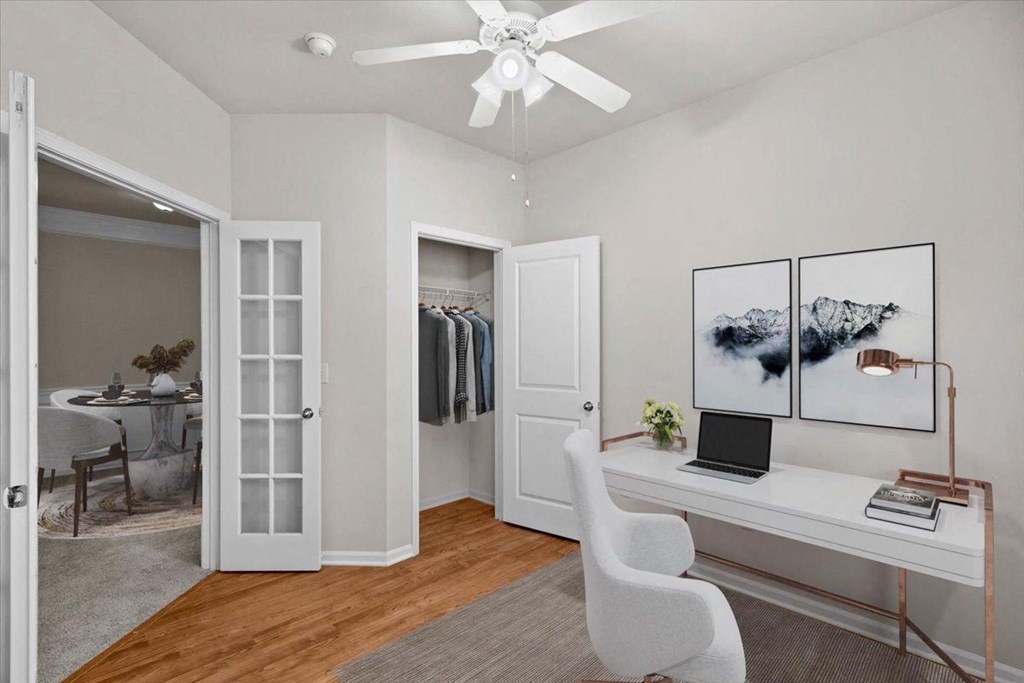 a bedroom with a desk and a closet