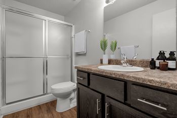 A bathroom with a toilet, sink, and a shower with frosted glass doors.