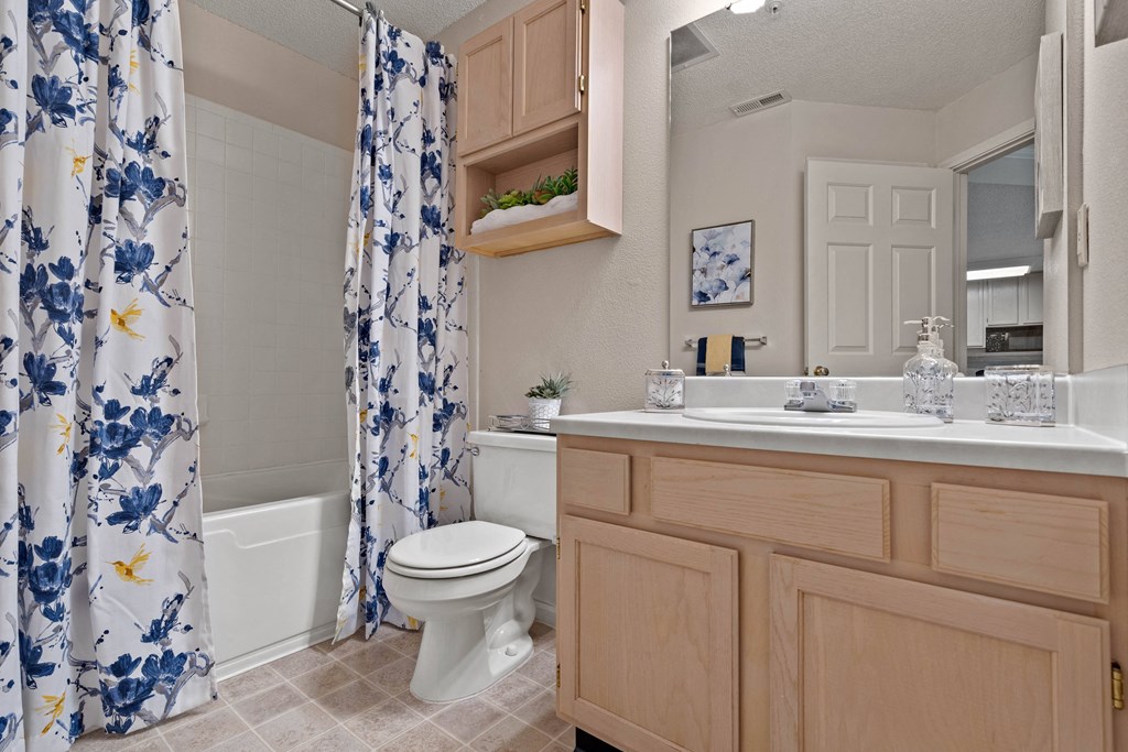 a bathroom with a white toilet next to a bathtub with a blue and white shower curtain  at Claremont, Kansas, 66210
