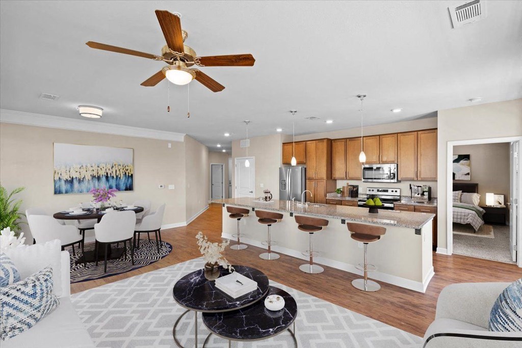 a living room with a couch and a table