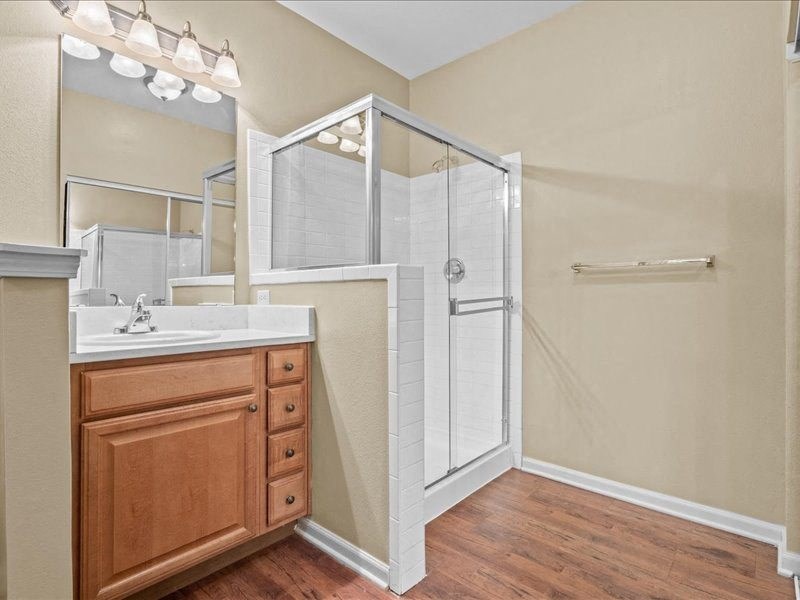 a bathroom with a sink and a shower
