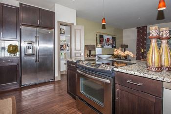kitchen with steel appliances , sink at Cypress at Lewisville Apartments , Lewisville,TX