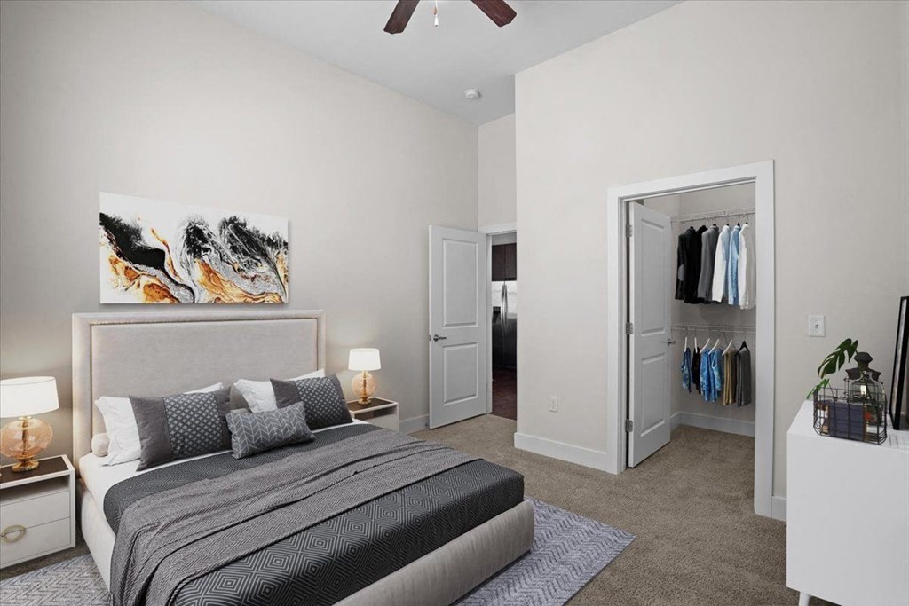 a bedroom with a bed and a closet