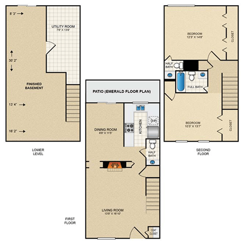 2 bedroom, 1.5 bath