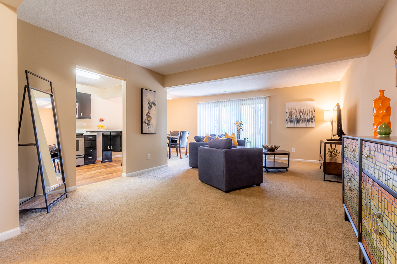 Living room and dining at Preston Court Apartments, Overland Park, 66212