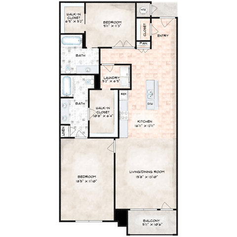 floorplan image of 2 bedroom, 2 bathroom with 1,352 sq. ft.