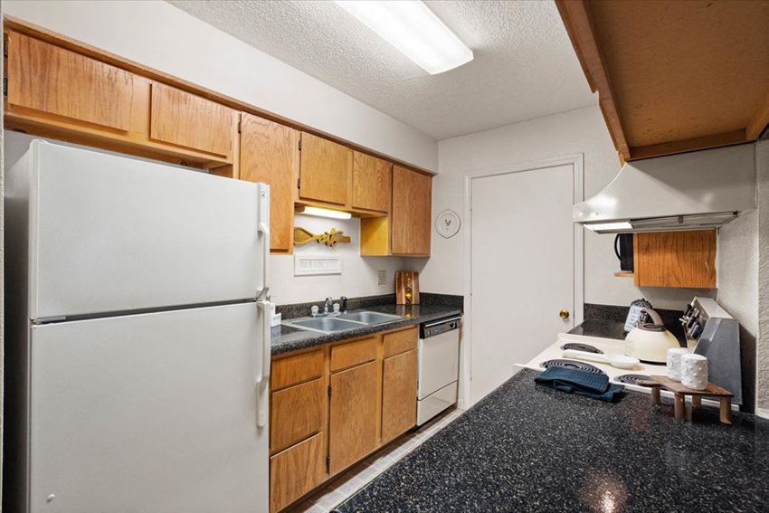 a kitchen with a refrigerator and a sink