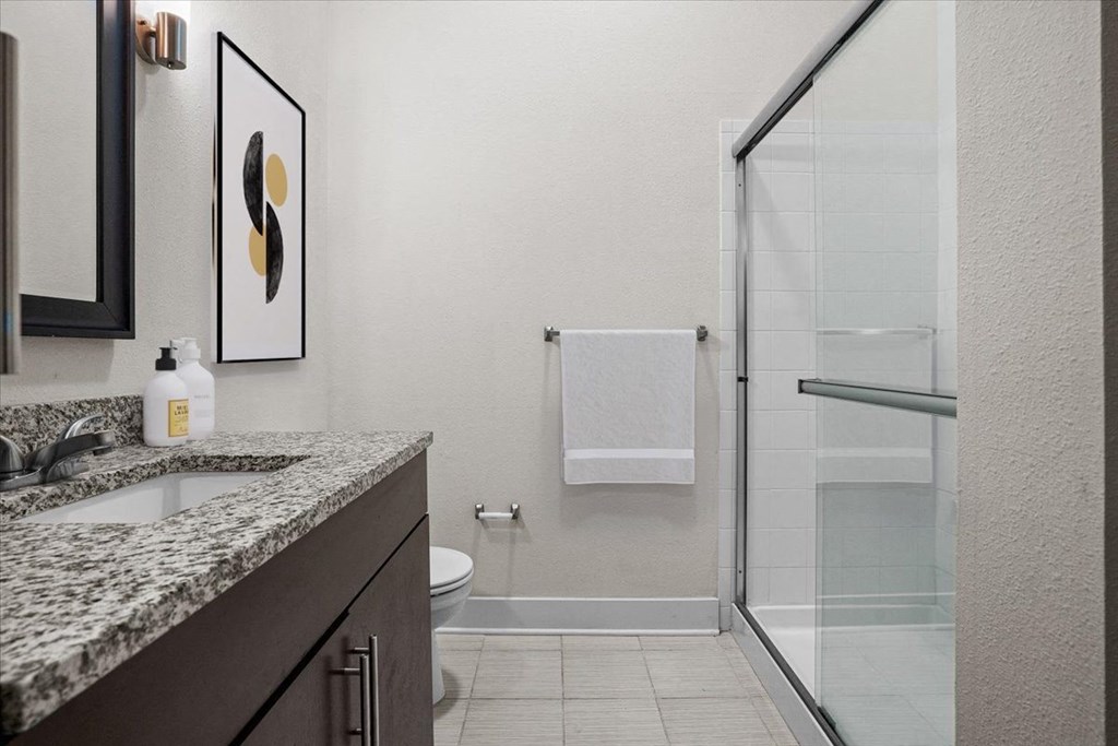 a bathroom with a sink and a shower and a toilet