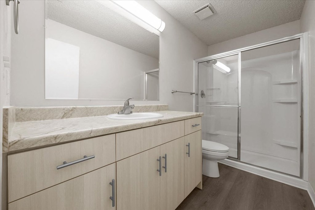 A bathroom with a sink, mirror, and toilet at Cloverset Active Adult Apartments, Missouri, 64114