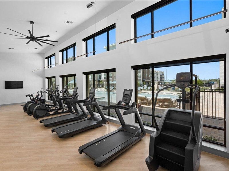 the gym has plenty of cardio equipment and views of the pool