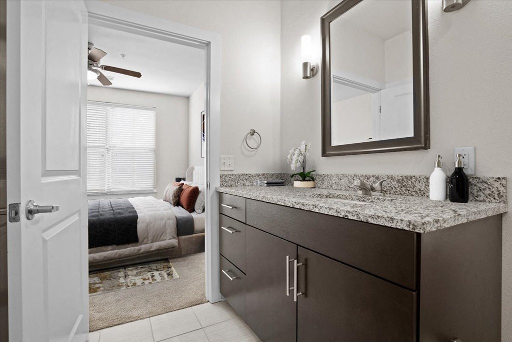 a bathroom with a sink and a mirror and a bedroom