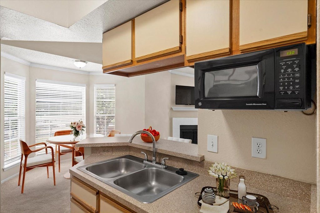 a kitchen with a sink and microwave in a 555 waverly unit at Pear Ridge, Dallas