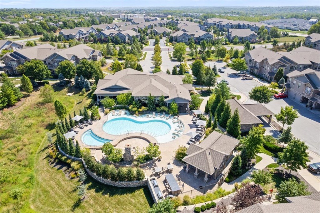 an aerial view of a house with a pool in the yard