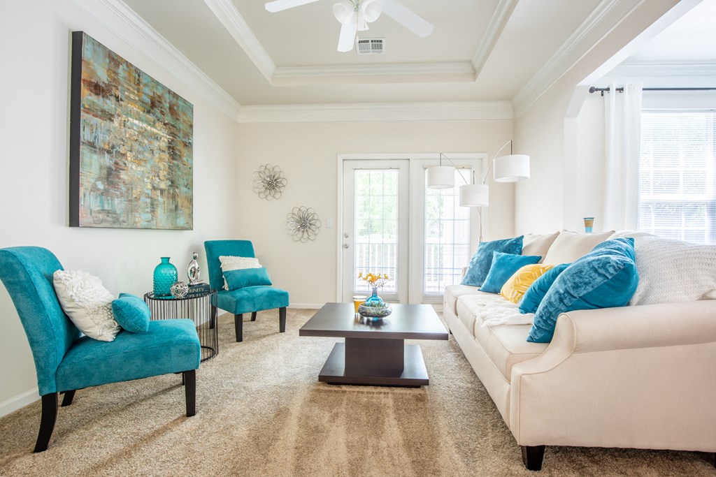 white sofa in living room at Wynnewood Farms Apartments, Overland Park, 66209