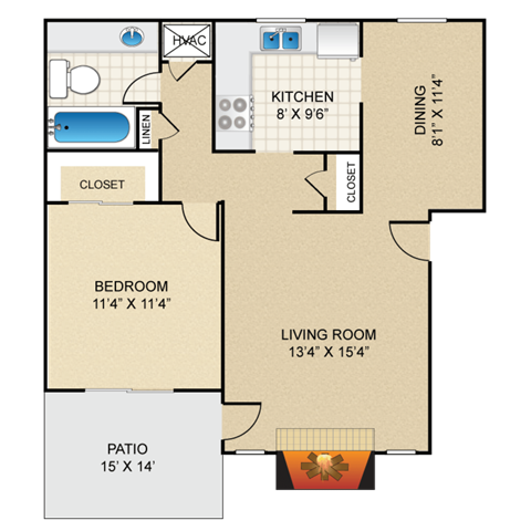 1 bedroom, 1 bathroom