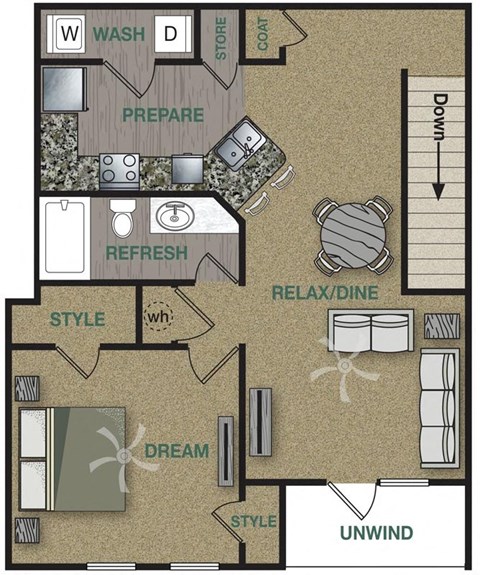 Floorplan image of a 1 bedroom, 1 bathroom with 911 sq. ft.