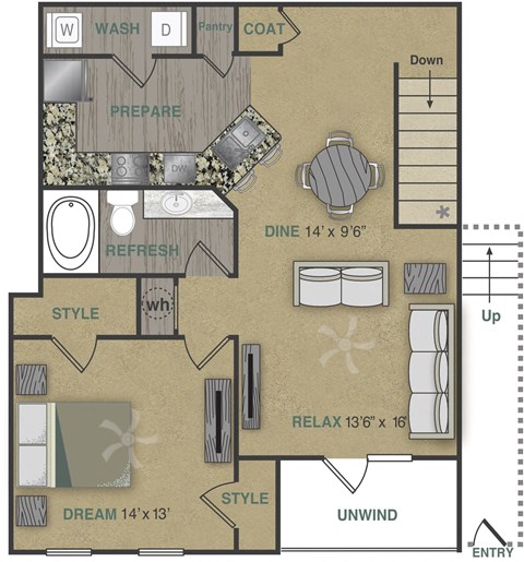 Floorplan image of a 1 bedroom, 2 bathroom with 936 sq. ft.