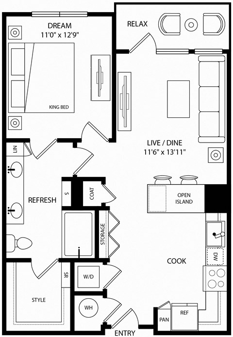 a floor plan of a small house with a bedroom and a living room