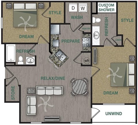 Floorplan image of a 2 bedroom, 2 bathroom with 1,096 sq. ft.